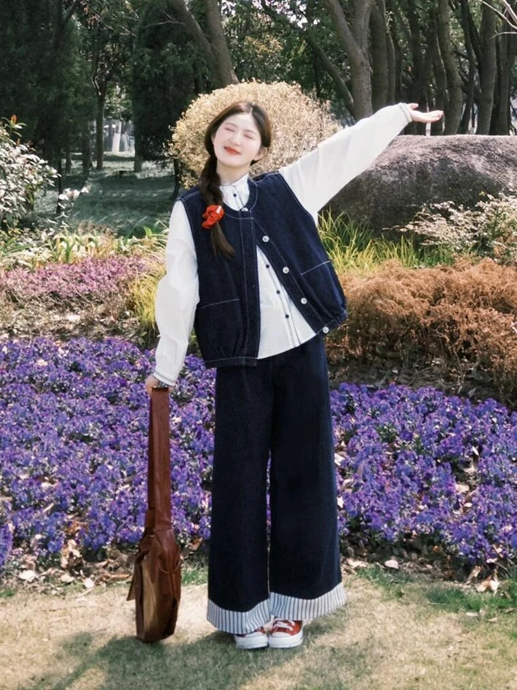 初秋穿搭一整套大码胖mm日系文艺衬衫马甲阔腿裤减龄叠穿三件套装
