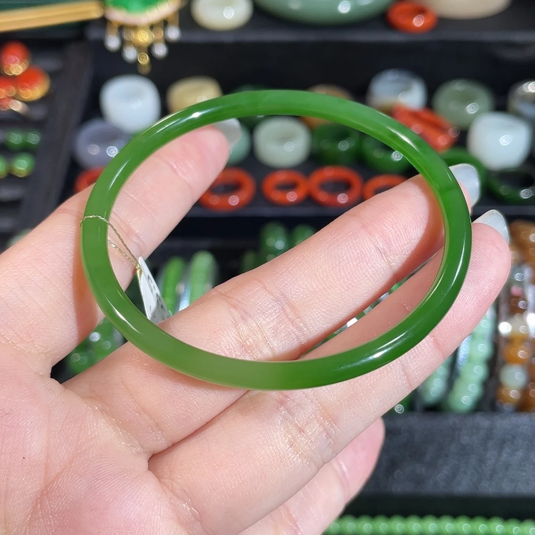 和田玉（碧玉）未镶嵌手镯54圈 碧玉冰阳绿极细条手镯