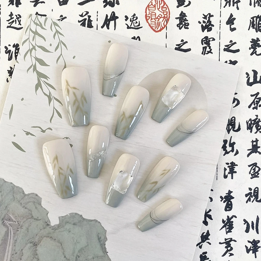 【竹韵】古风手绘穿戴式竹子新中式纯手工穿戴甲气质蓝色