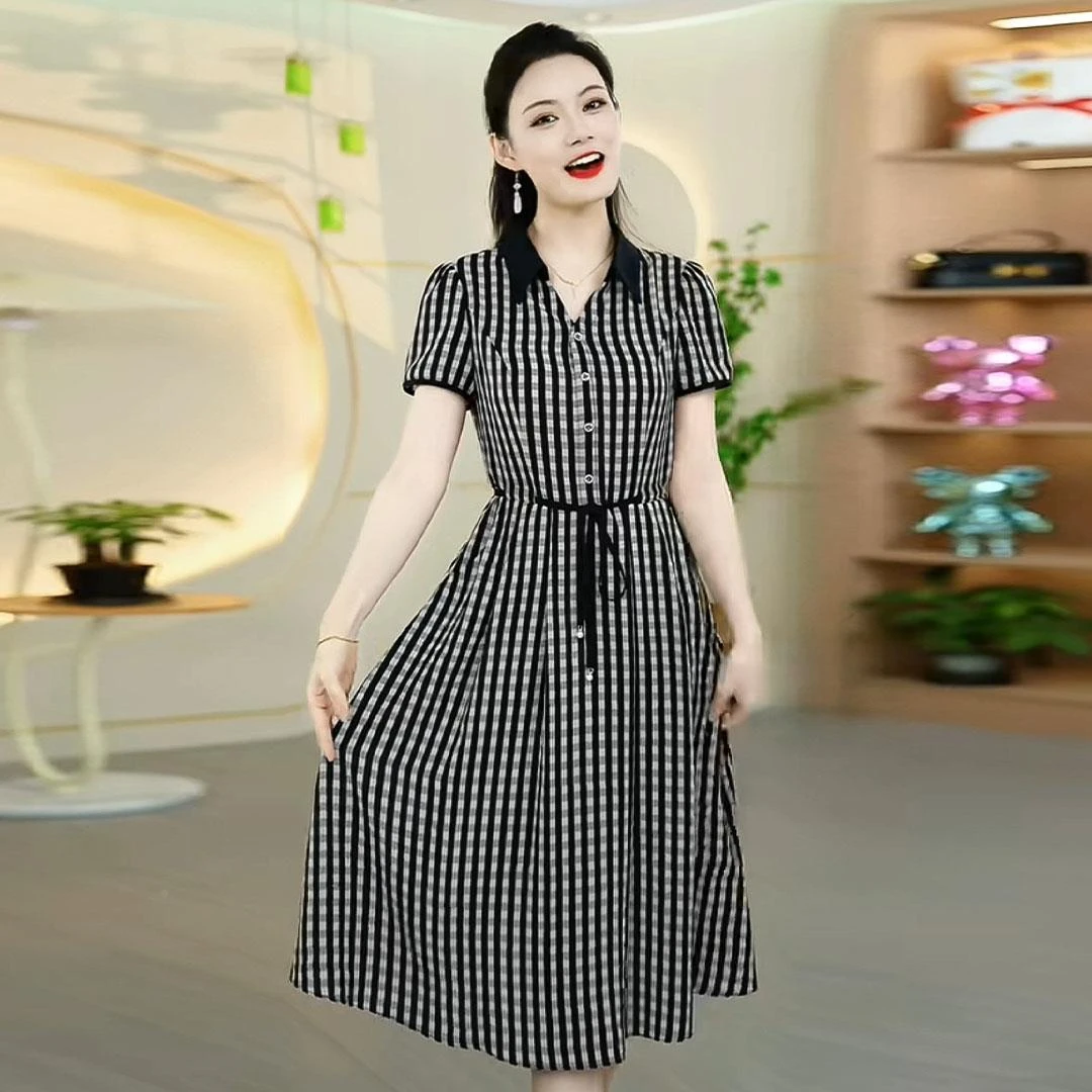专柜品牌格子衬衫连衣裙女装夏季2025新款中长款时尚洋气减龄收腰