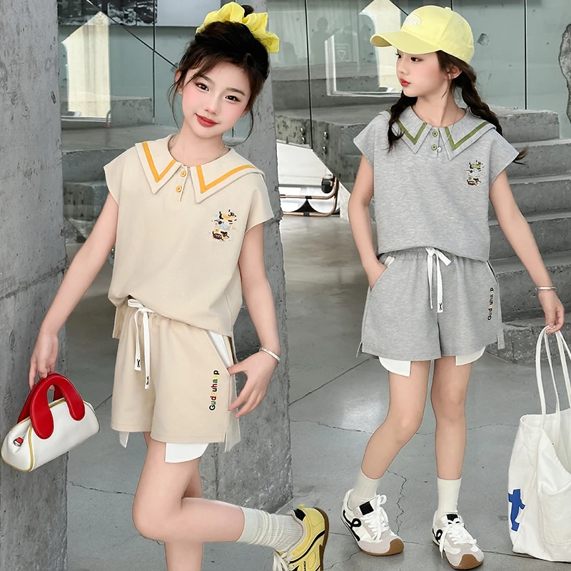 女童夏季休闲纯色卡通动漫套装2025新款运动时髦洋气夏装宽松女孩