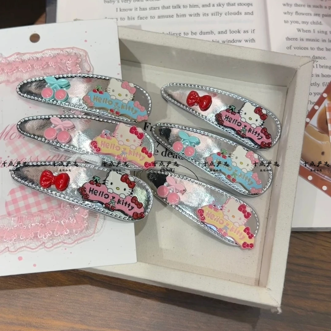 可爱卡通银色皮质kitty樱桃发夹女高级感发卡刘海夹侧边夹子头饰