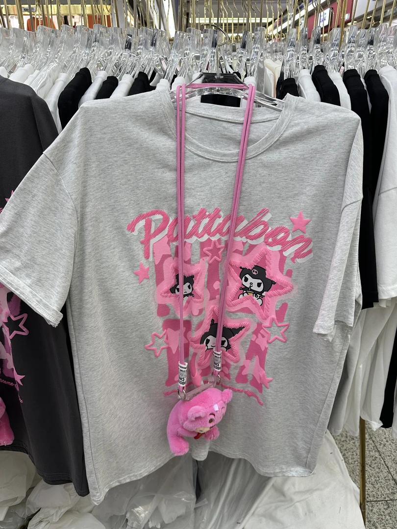 粉色发泡酷乐美卡通印花上衣女2025新款甜美圆领短袖-0106