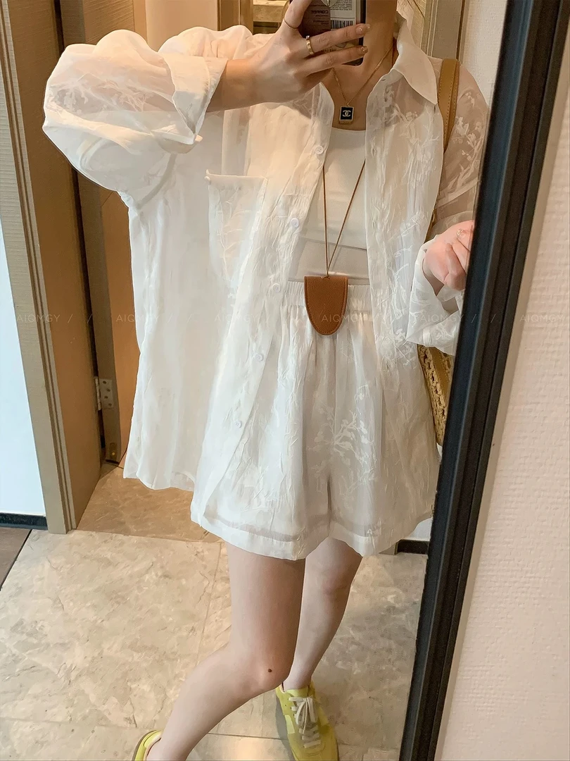 （爱的魔力 ）白色提花两件套装女2024年夏季长袖防晒衬衫休闲短裤