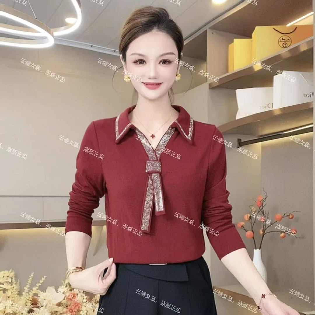【25165】满钻领结小衫 重工轻奢百搭简约翻领烫钻打底衫上衣女