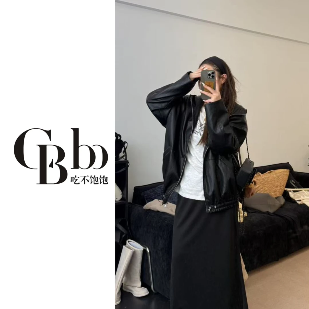 【吃不饱饱】大码 自成焦点 美式复古街头感连帽皮衣外套高级感1033