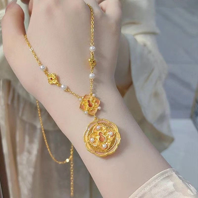 铜亚克力项链 金色镀金精美宫廷风气质百搭链葫芦项链繁花高级感