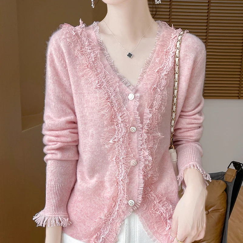 小香风早秋新款羊毛衫女拼接蕾丝毛衣领羊绒开衫上衣长袖针织衫