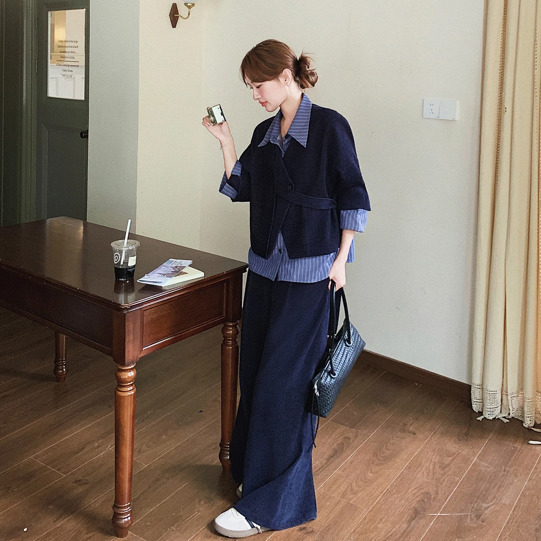 韩系干练气质时尚套装女2025秋季条纹假两件西装休闲阔腿裤两件套
