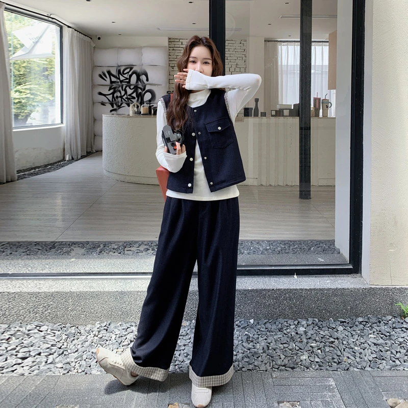 松弛感韩系马甲T恤阔腿裤2025春秋新款气质显瘦慵懒风时尚三件套