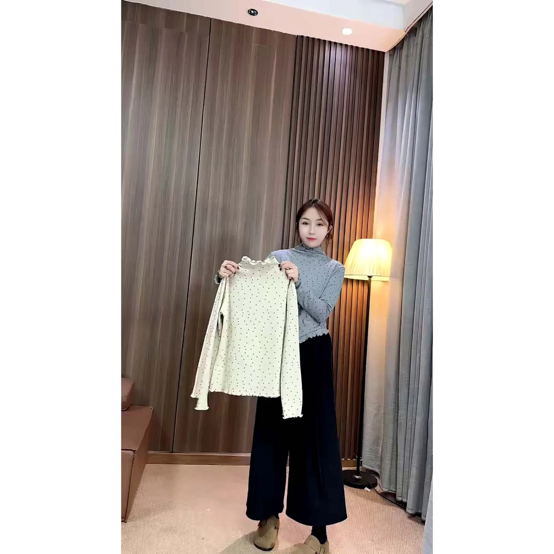 韩系慵懒百搭木耳边波点印花长袖T恤时尚修身半高领上衣