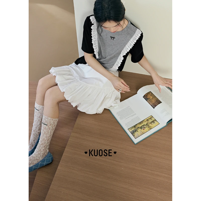 阔色蝴蝶结黑灰拼接花边上衣短袖2025夏季新款女t恤KSD2507003