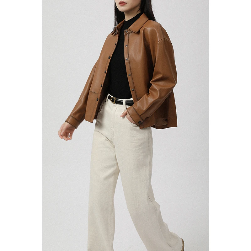 MAS&JM 秋冬新品 简约版女士休闲皮夹克 翻领式皮衣上衣 642199