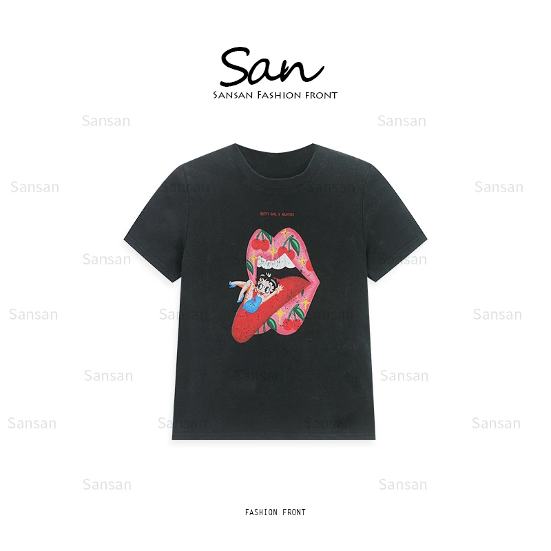 【SANSAN】”大嘴巴“夏季百搭休闲气质显瘦套头短袖上衣DY-4787