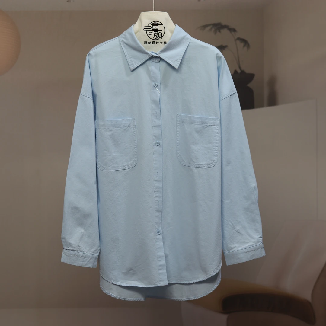 【8660】高品质原创设计蓝色时尚纯色休闲衬衫伊