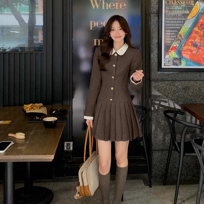 【有里布】韩系高智感假两件连衣裙女秋冬收腰百褶裙DM0259