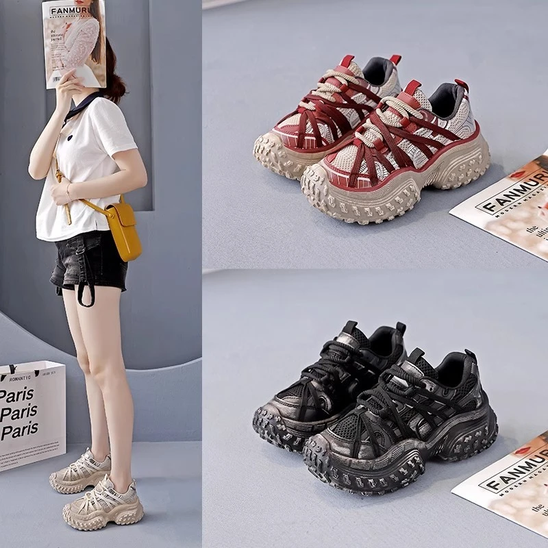 厚底网面透气榴莲底银色巴黎老爹鞋女款增高205年新款休闲运动鞋