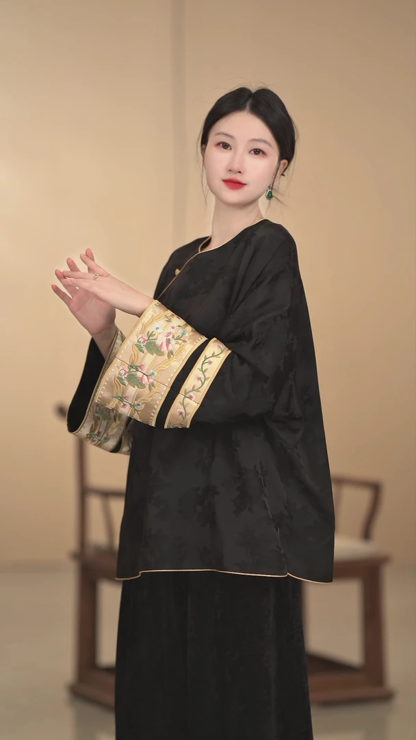 「你若三冬」黑色时尚百搭新中式夏季宽松圆领提花中国风斜襟长袖