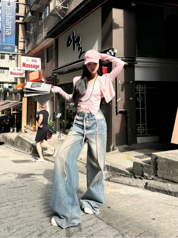 Blackgirl新款【海岛之夏】夏季百搭显瘦显腿长渐变蓝色宽松牛仔裤