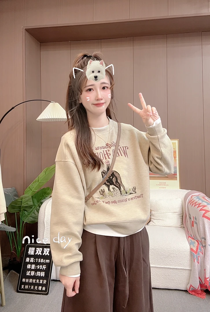 慵懒风秋冬新款长袖时尚洋气印花圆领卫衣女宽松显瘦百搭休闲上衣