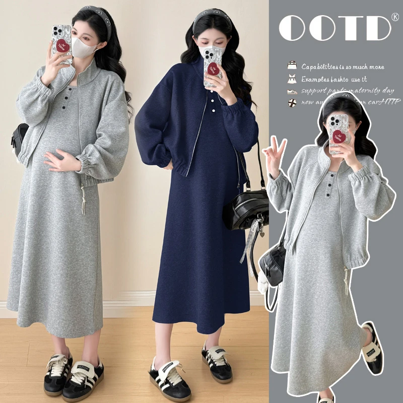 大码秋冬季韩版休闲过膝洋气孕妇连衣裙潮款流行显瘦长裙套装秋装
