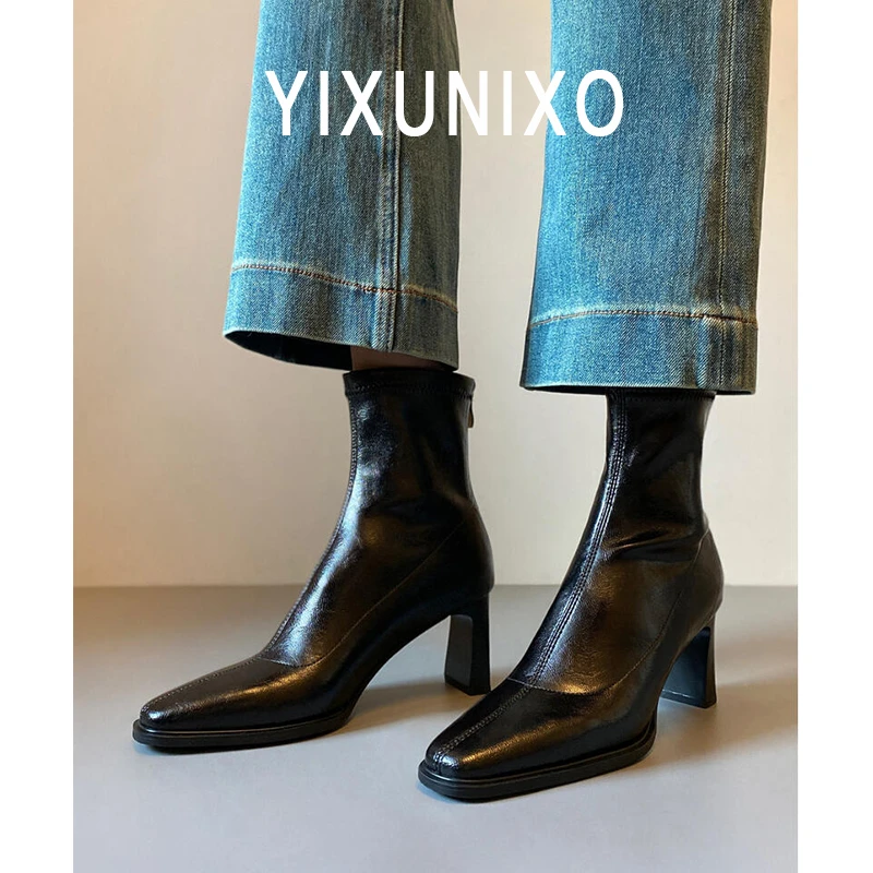 羊皮版~百搭静音跟瘦瘦靴女时尚通勤高跟短靴软皮显瘦弹力靴秋冬