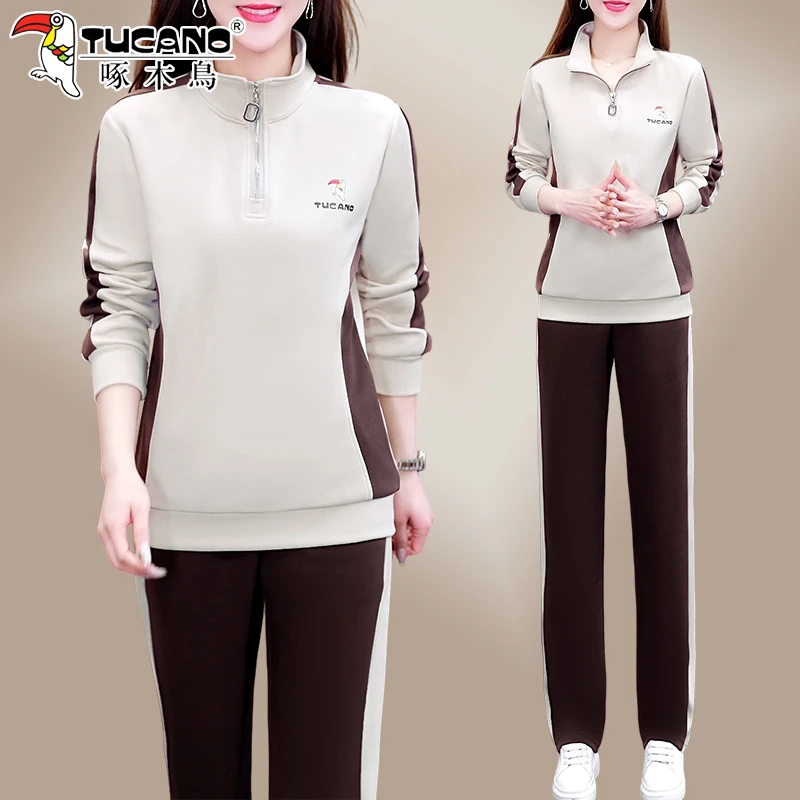 啄木鸟女士大码运动服套装春秋新款妈妈时尚休闲半开领卫衣两件套