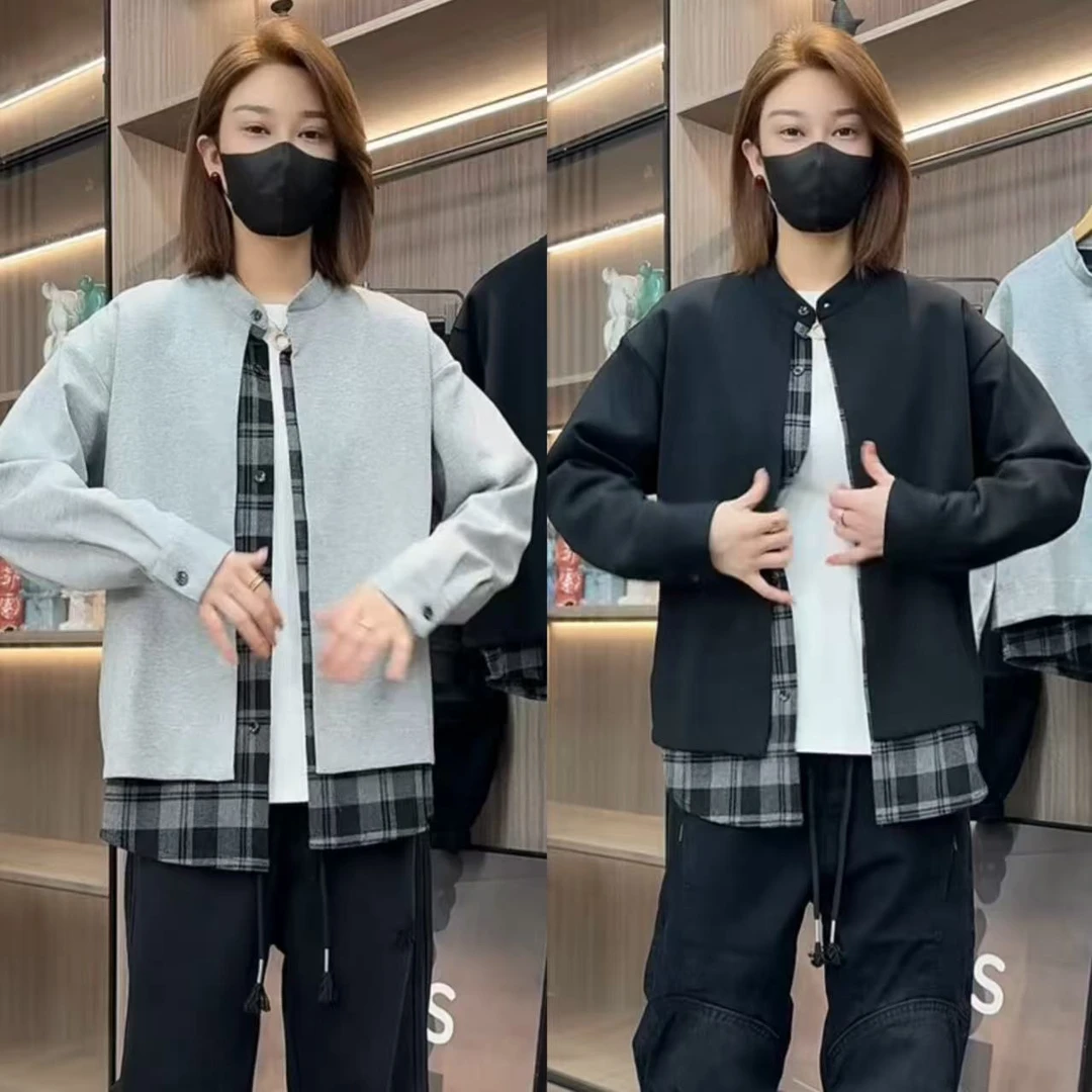 2025秋季新款时尚小立领夹克男士潮流拼接格子百搭外套休闲男装潮