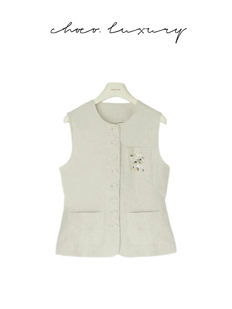 CHOCO【限量珍藏】100%亚麻 重工刺绣钉珠 单排扣气质上衣C1259