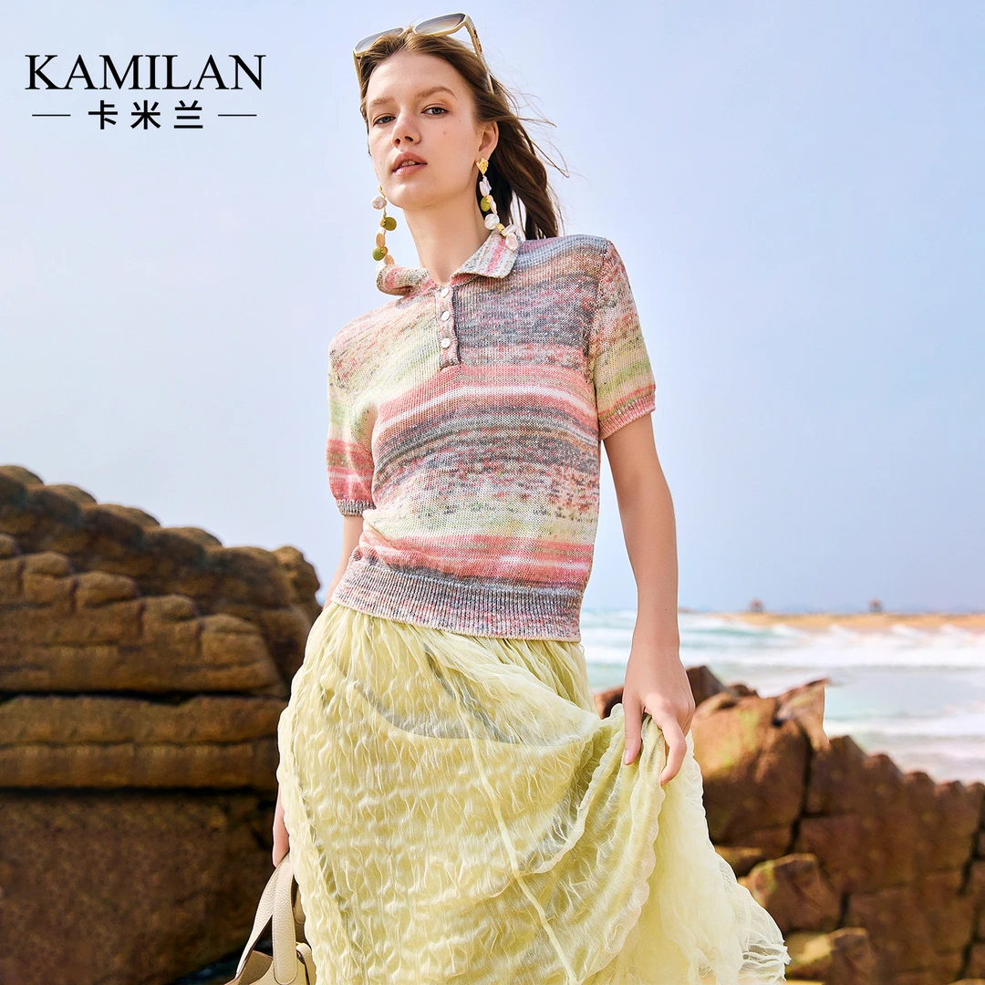 卡米兰法式条纹短袖针织衫女2025夏季新款浅粉色翻领修身短款上衣