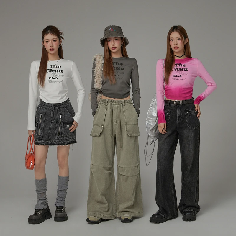 C004【金拐子】CHUU字母修身T恤褶皱个性休闲上衣-F