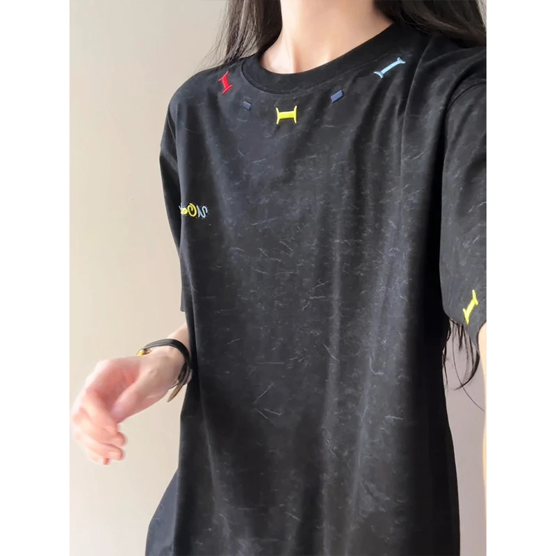 砂洗棉重磅刺绣短袖男款夏季美式高街正肩重磅t恤宽松小领口半袖