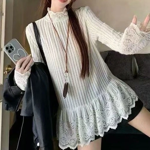 LL琳上衣设计感小众蕾丝花边长袖套头T恤小众别致内搭打底衫2192