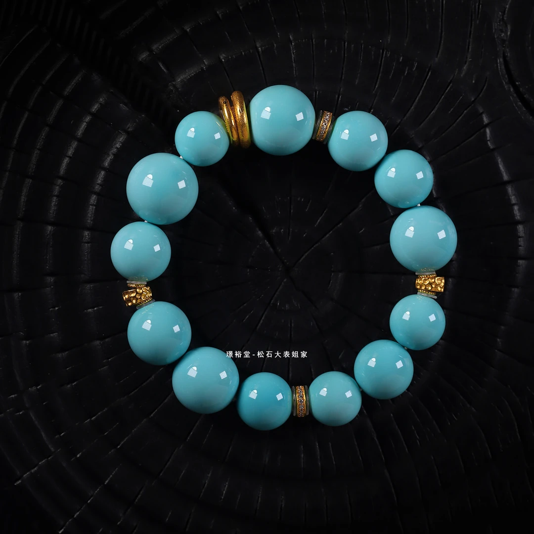 【松石大表姐】湖北真原矿小众珠宝设计款绿松石圆珠手串18K金配饰