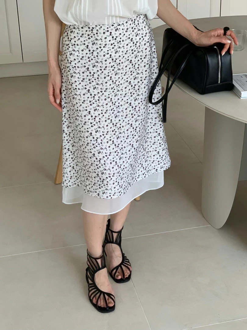 《NO退换》东大门R百搭显瘦碎花拼纱中长款女士半身裙