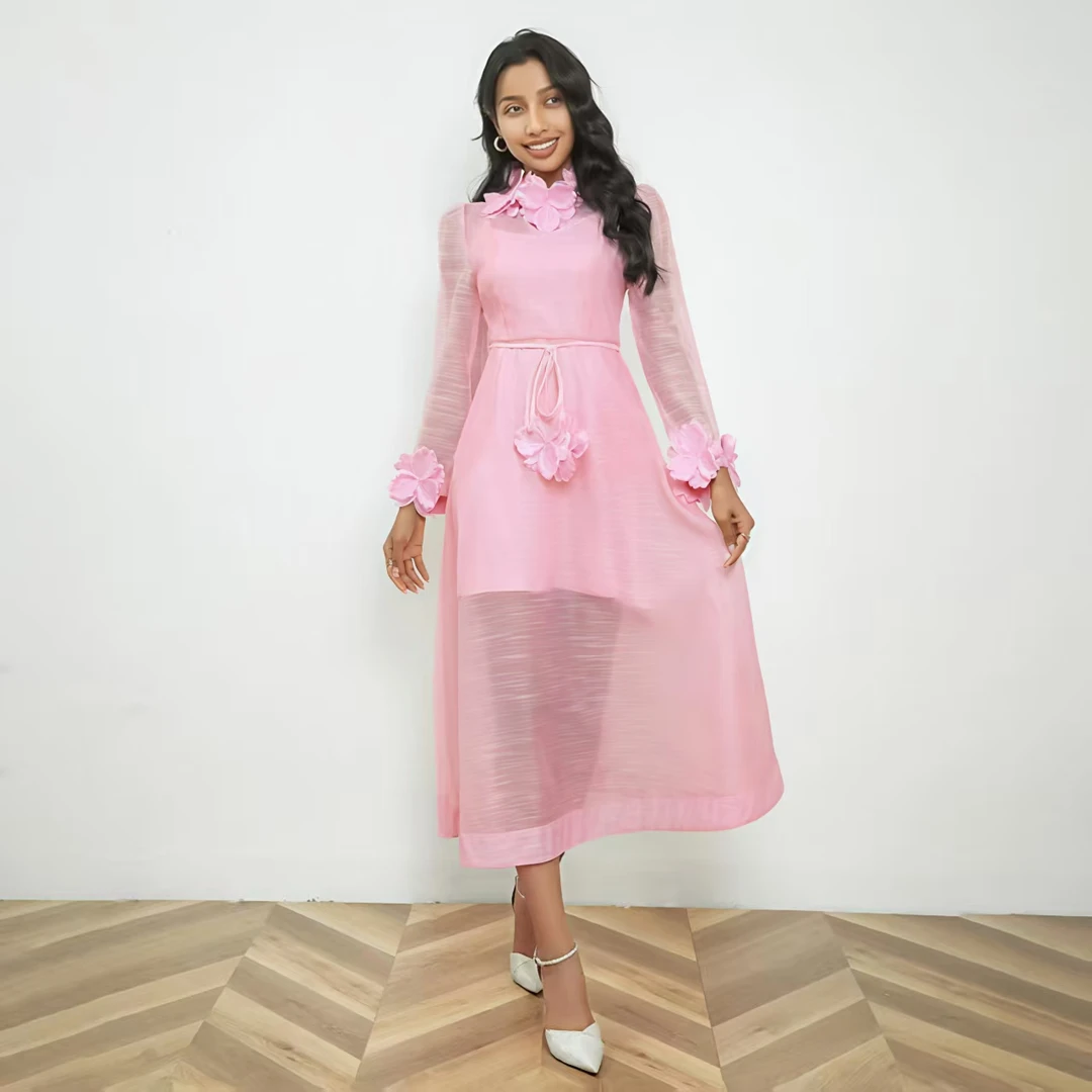 [依易原创]宫廷风轻奢纯色拼接立体花朵系带欧根纱连衣裙D0813