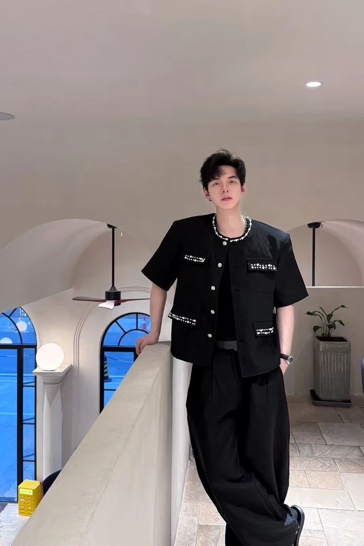 休闲男士短袖小香风珍珠拼接轻奢宽松薄款痞帅短袖夹克黑色外套