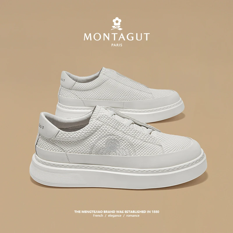 梦特娇懒人男鞋2025新款透气真皮增高休闲板鞋秋季舒适轻便小白鞋