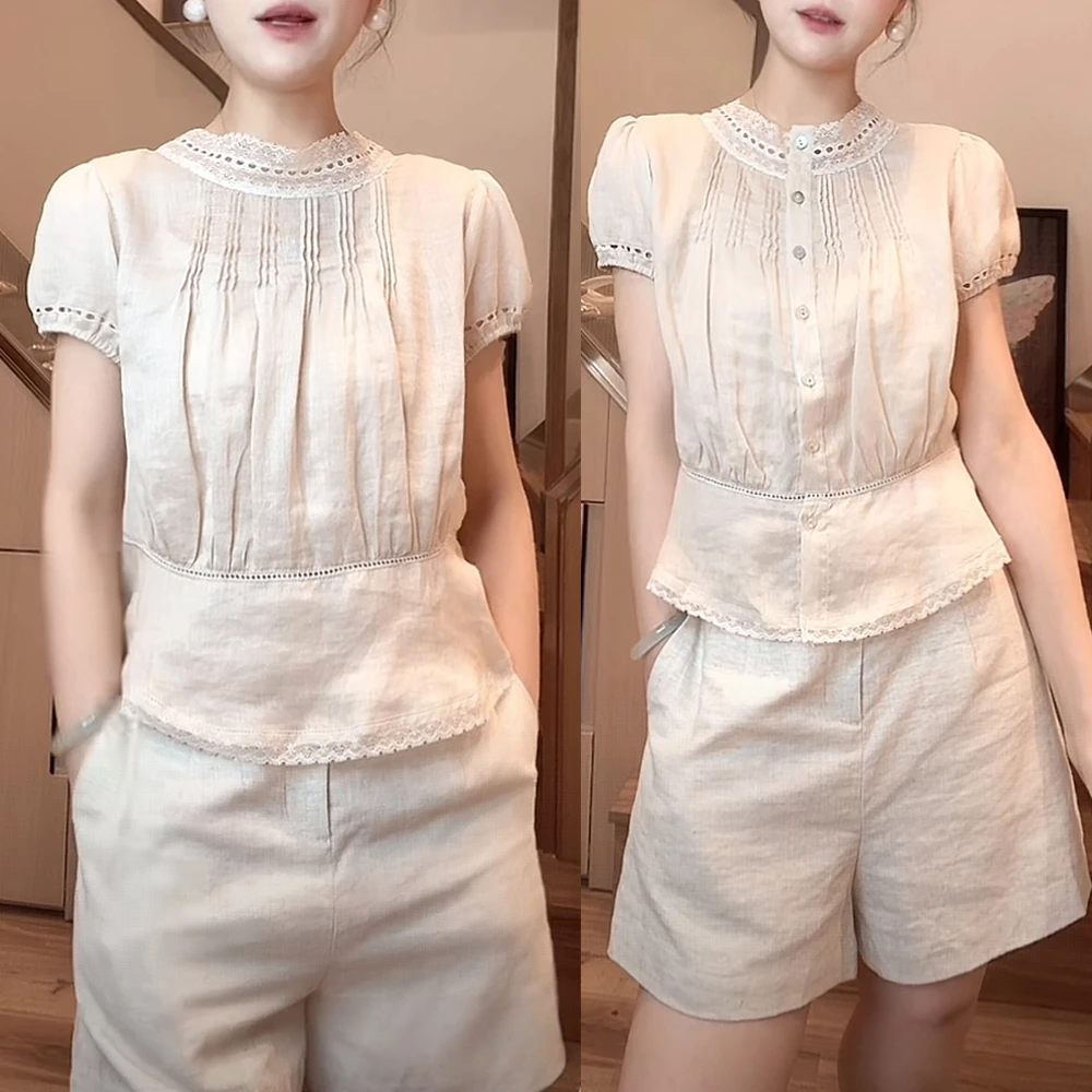 【回头率高】法式蕾丝拼接泡泡袖短袖衬衫短裤显瘦套装女装2025夏季