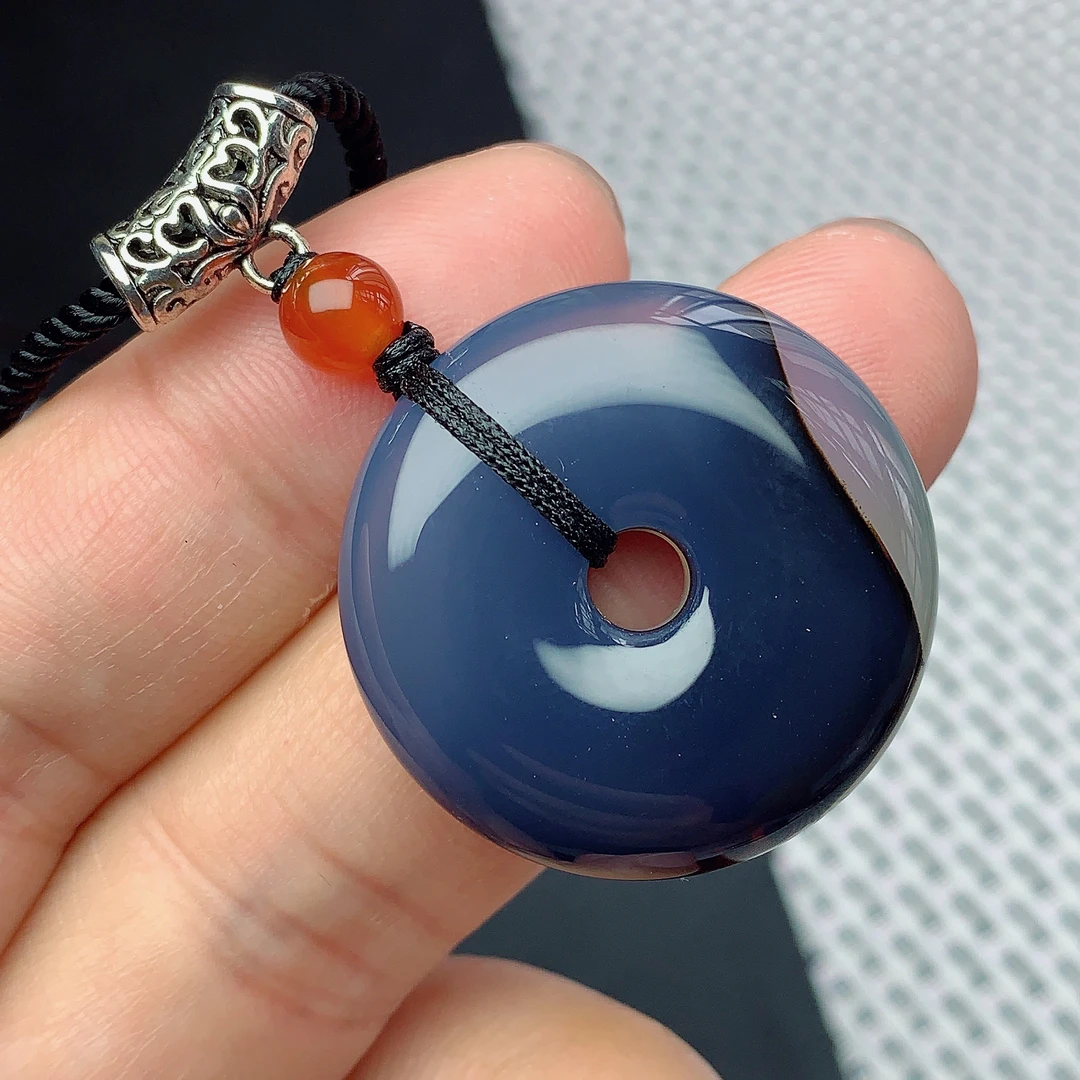 天然玛瑙龙鳞纹水墨画平安扣玉石吊坠29.5/8.4mm