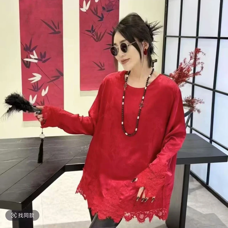 新中式圆领国风蕾丝冬季纯色重工网红ins休闲设计师拼接纯色T恤