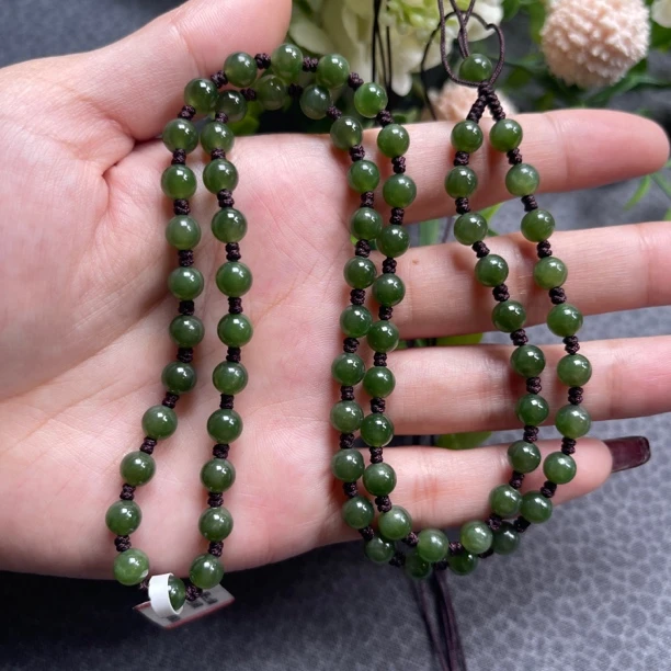 俄料碧玉老坑圆珠6mm乌兰海老料无黑点菠菜绿手工编织玉牌项链绳