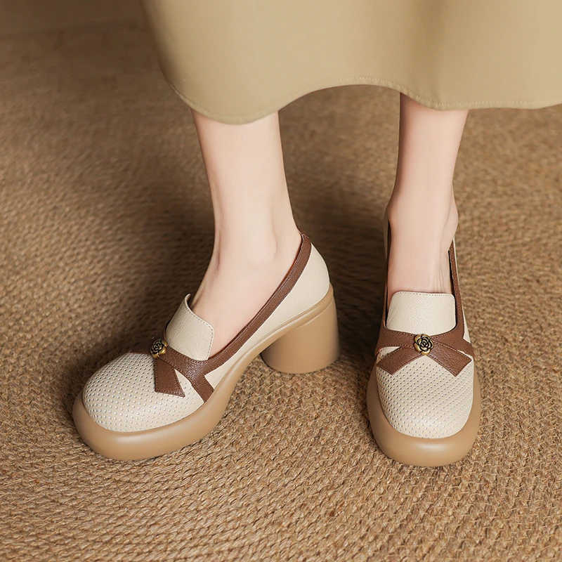 羊皮 6.5厘米 34-39复古玛丽珍粗跟厚底蝴蝶结拼色圆头单鞋法式