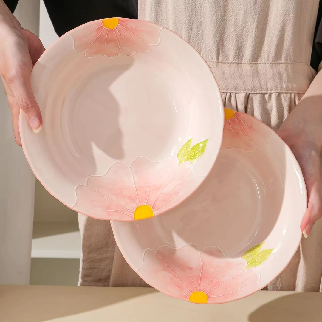清晨物语两只装8.5英寸陶瓷手绘浮雕高温釉下彩精致菜盘饭盘汤盘