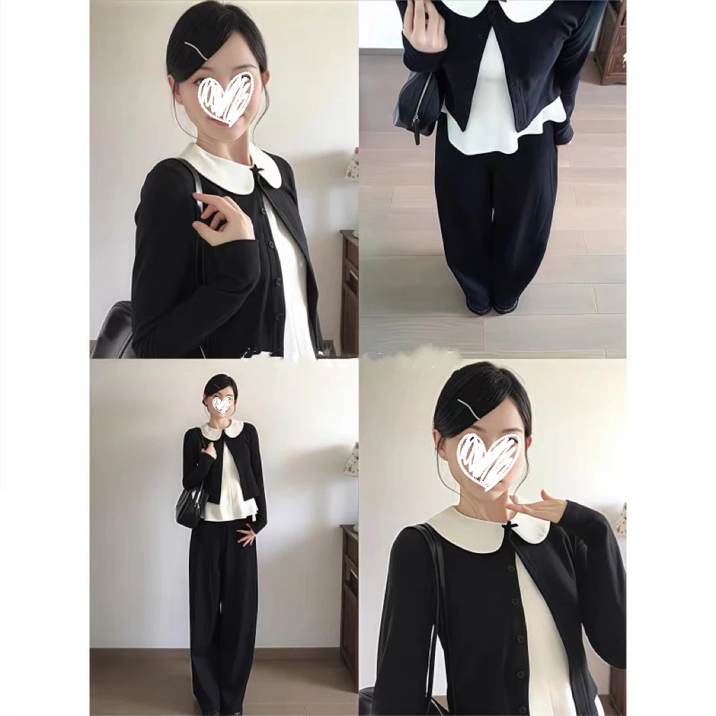 秋季韩系穿搭气质镂空针织开衫上衣女洋气娃娃领背心套装休闲秋装