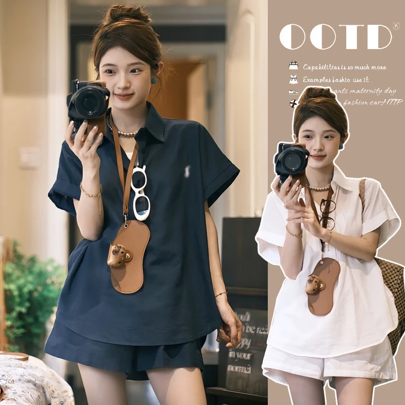 孕妇夏装新款松弛感短袖衬衫短裤休闲孕妇显瘦百搭小个子两件套装