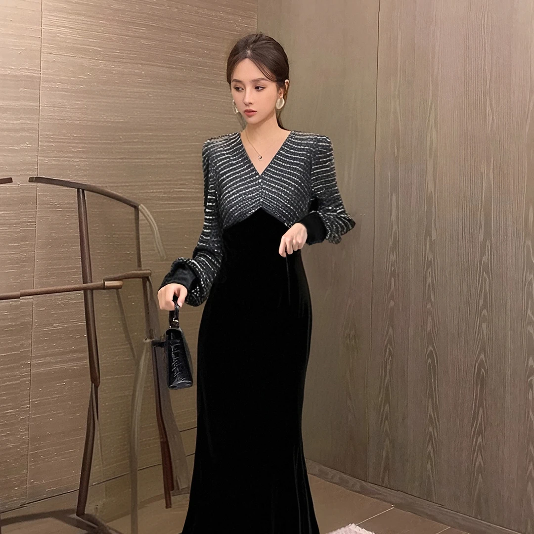 高级感复古亮片拼接显瘦连衣裙女气质收腰修身包臀长裙子2793