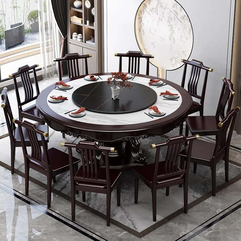 2025新款新中式岩板餐桌椅组合实木圆桌带转盘圆形桌子饭店电磁炉
