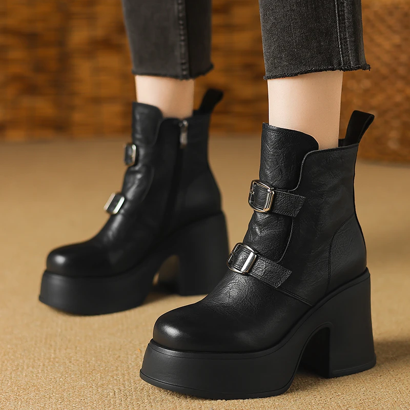 10cm粗跟厚底真皮短靴女款2025新款爆款轻便防滑高跟圆头马丁靴子