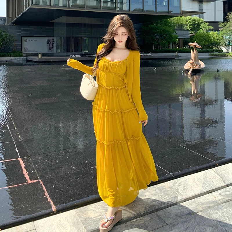 多巴胺海岛度假仙女长裙氛围感褶皱显白气质高级感开衫连衣裙套装